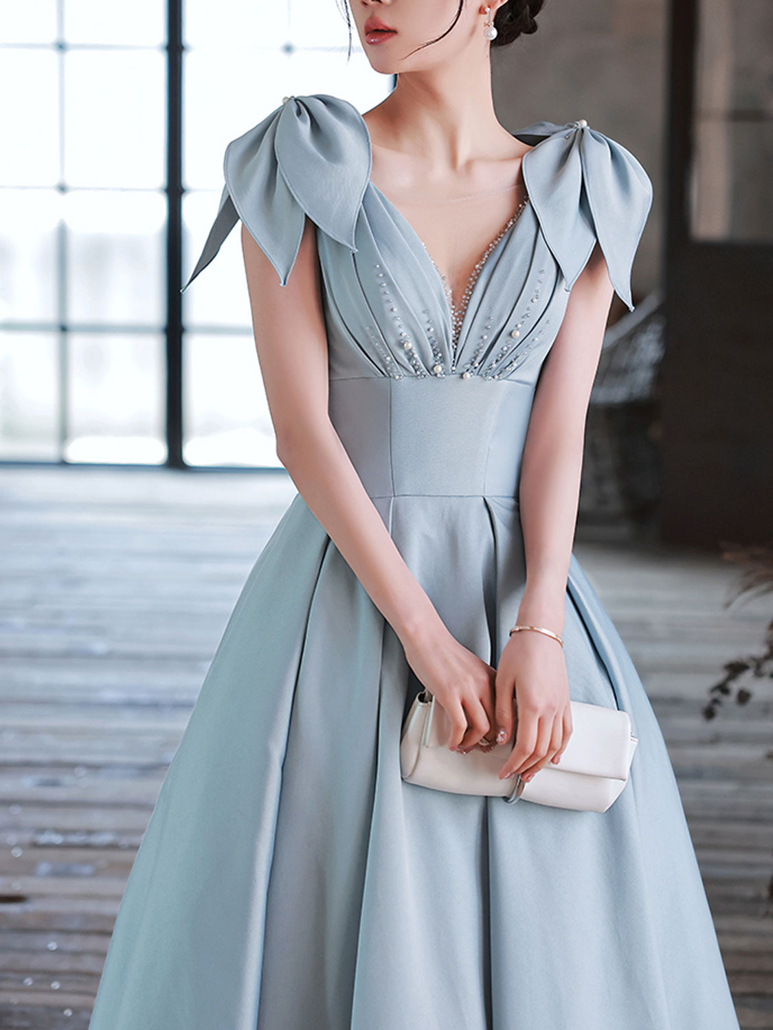 A-Line V-Neck Floor-Length Dusty Blue Satin Prom Dress with Bow Shoulder Straps and Beaded Bodice