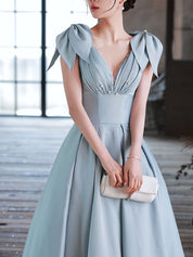A-Line V-Neck Floor-Length Dusty Blue Satin Prom Dress with Bow Shoulder Straps and Beaded Bodice