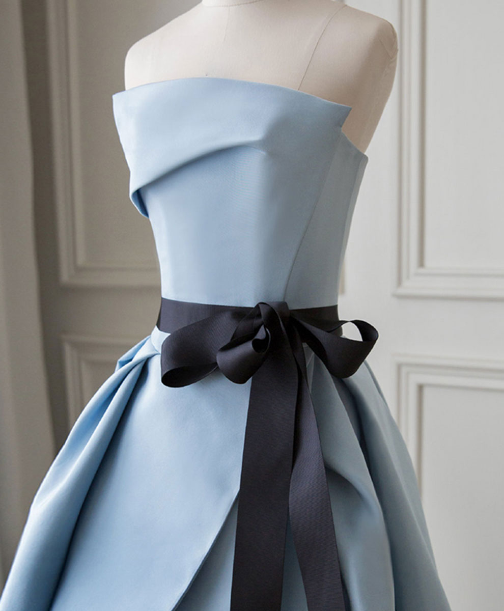 A-Line Straight Neck Floor-Length Light Blue Satin Prom Dress with Bow Accent