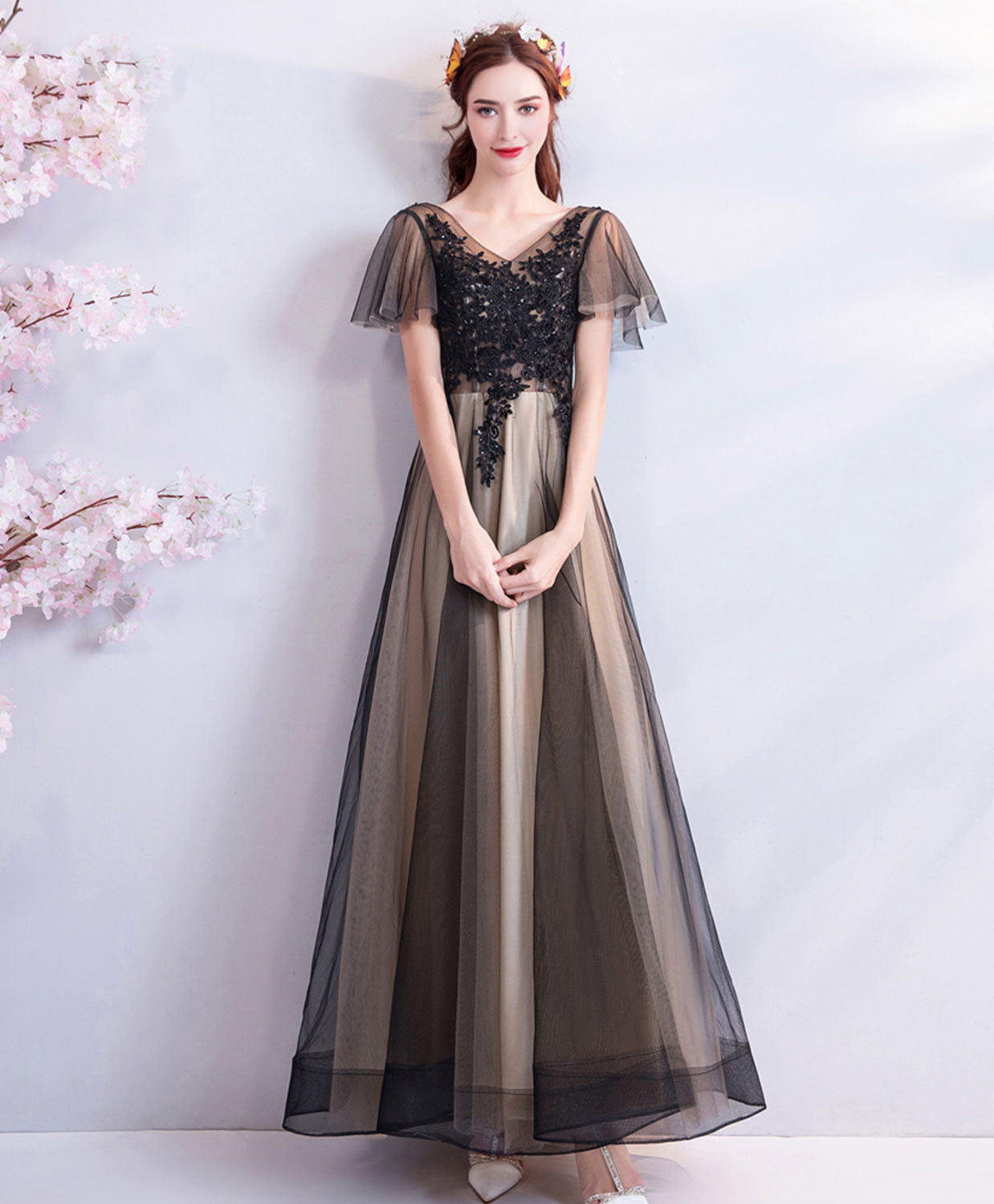 A-line V Neck Floor-Length Tulle & Lace Prom Dress with Sheer Sleeves