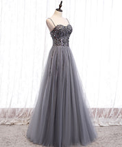 A-Line Sweetheart Neck Floor-Length Gray Tulle Sequin Prom Dress with Beaded Bodice