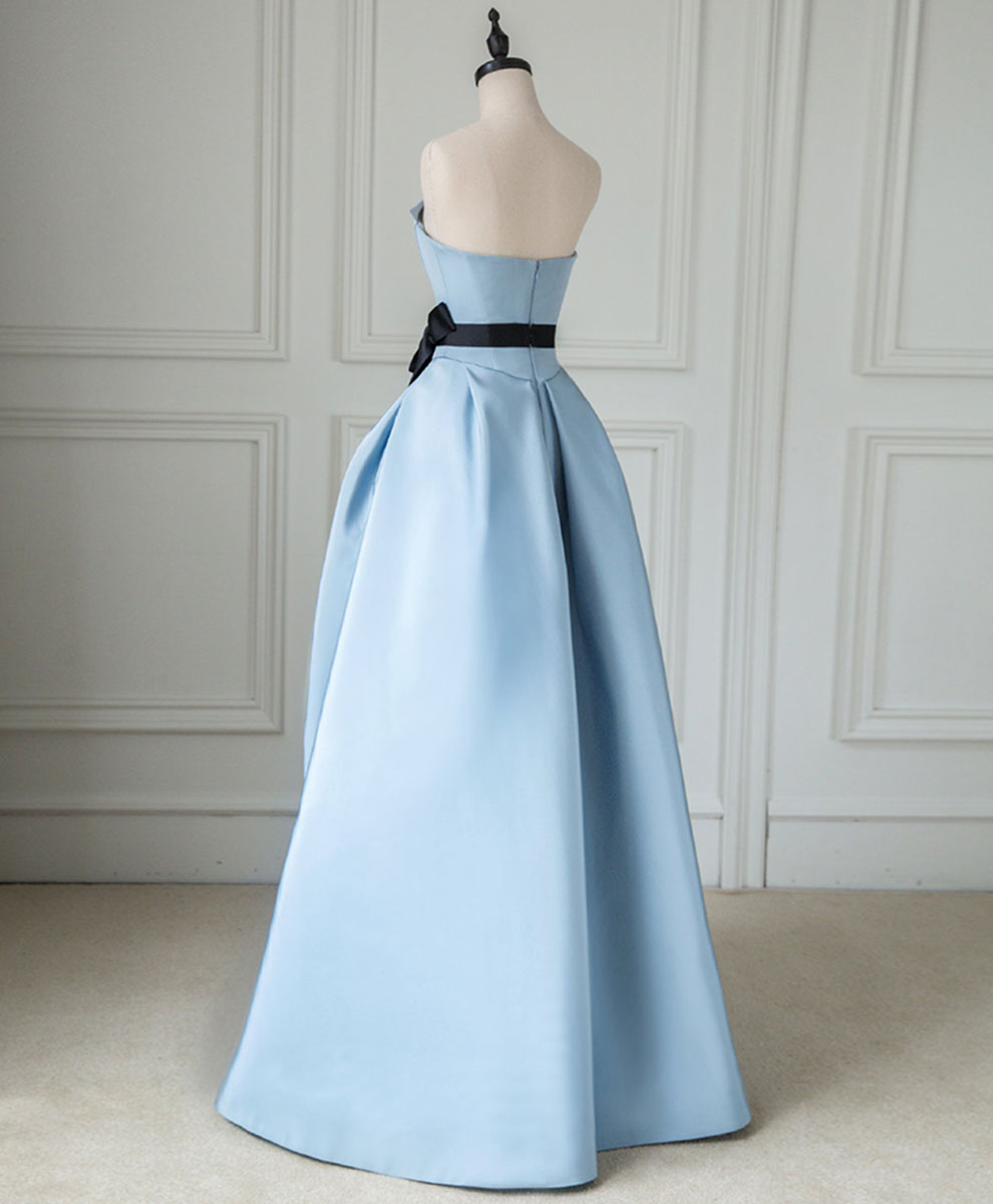 A-Line Straight Neck Floor-Length Light Blue Satin Prom Dress with Bow Accent