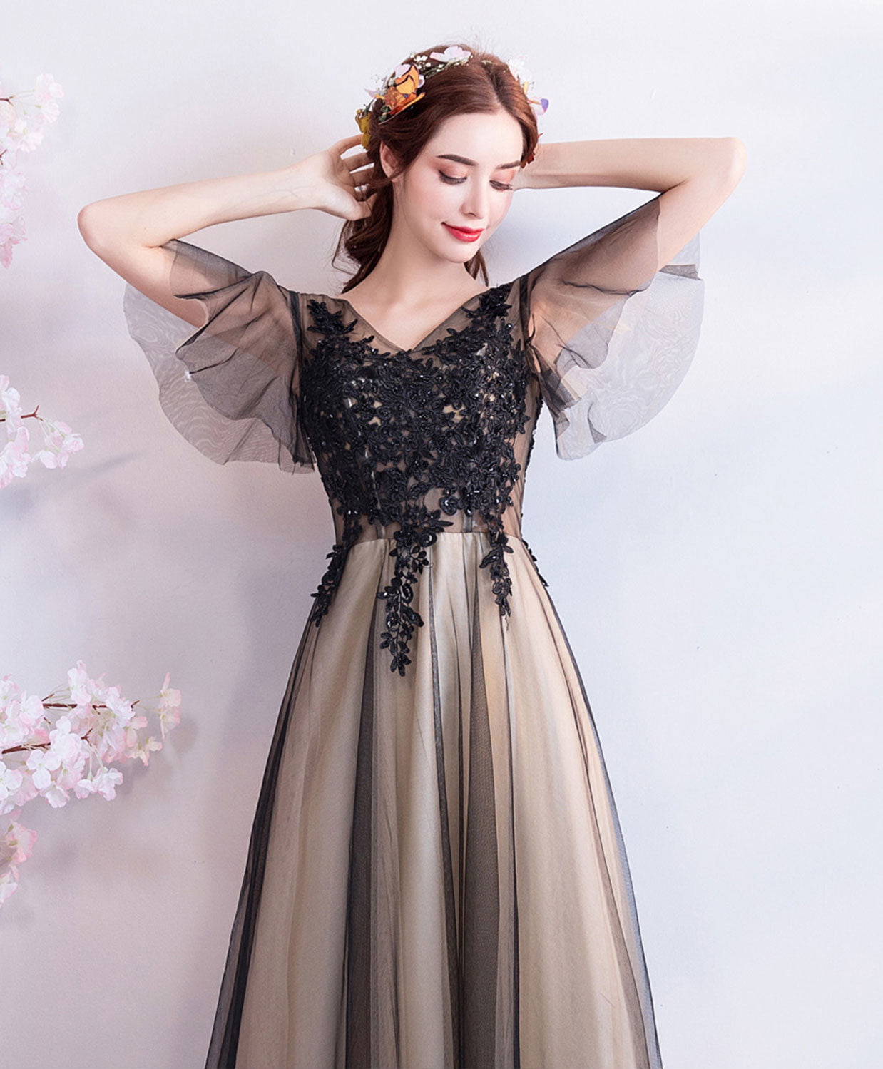 A-line V Neck Floor-Length Tulle & Lace Prom Dress with Sheer Sleeves
