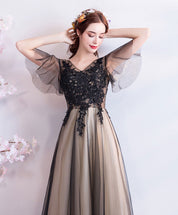 A-line V Neck Floor-Length Tulle & Lace Prom Dress with Sheer Sleeves