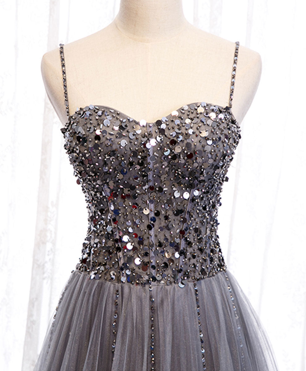 A-Line Sweetheart Neck Floor-Length Gray Tulle Sequin Prom Dress with Beaded Bodice