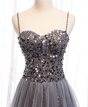 A-Line Sweetheart Neck Floor-Length Gray Tulle Sequin Prom Dress with Beaded Bodice