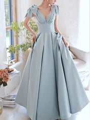 A-Line V-Neck Floor-Length Dusty Blue Satin Prom Dress with Bow Shoulder Straps and Beaded Bodice