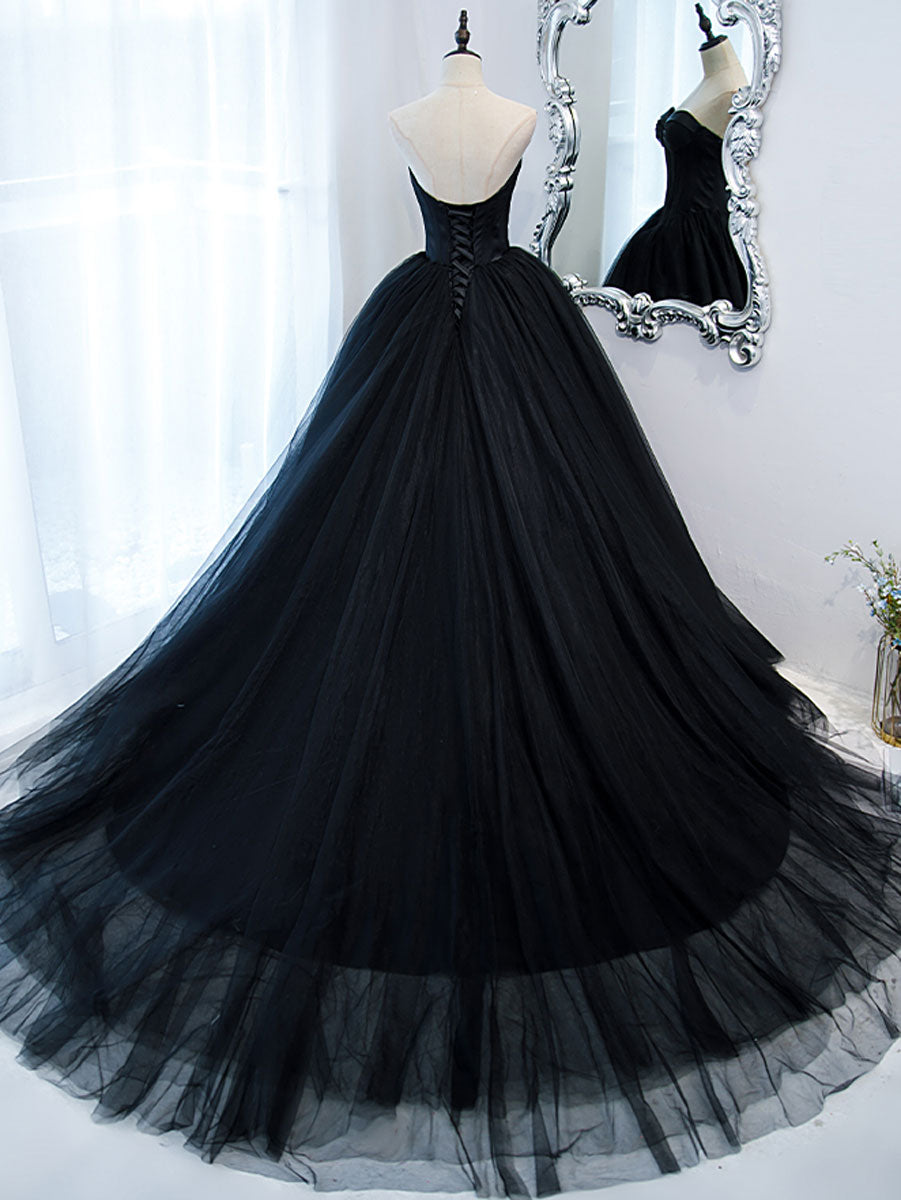Ball Gown Sweetheart Floor-Length Black Tulle Prom Dress with Structured Corset Bodice