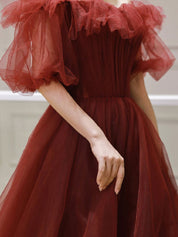 Ball Gown Off-the-Shoulder Floor-Length Burgundy Tulle Romantic Prom Dress