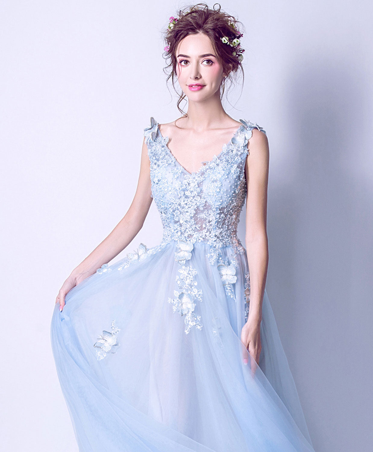 A-Line V-Neck Floor-Length Tulle Dress with 3D Floral Lace Appliqué Prom Dress