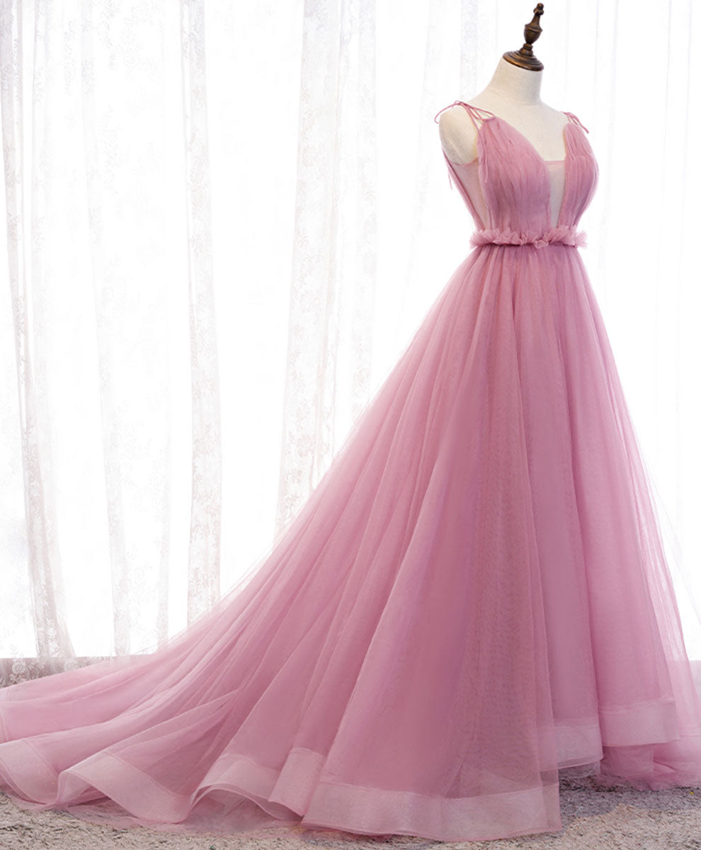 A-Line V Neck Floor-Length Pink Tulle Prom Dress with Spaghetti Straps