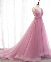 A-Line V Neck Floor-Length Pink Tulle Prom Dress with Spaghetti Straps