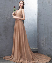 A-Line V-Neck Floor-Length Champagne Tulle Lace Prom Dress with Floral Waist Detail