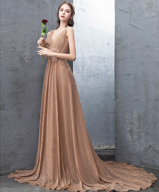 A-Line V-Neck Floor-Length Champagne Tulle Lace Prom Dress with Floral Waist Detail