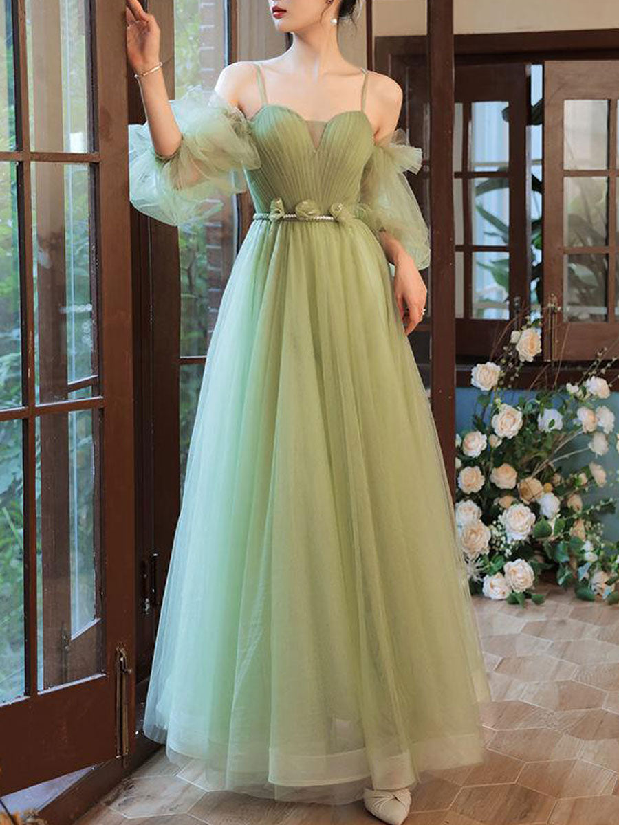 Green A-Line Sweetheart Floor-Length Tulle Prom Dress with Off-the-Shoulder Puff Sleeves