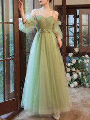 Green A-Line Sweetheart Floor-Length Tulle Prom Dress with Off-the-Shoulder Puff Sleeves