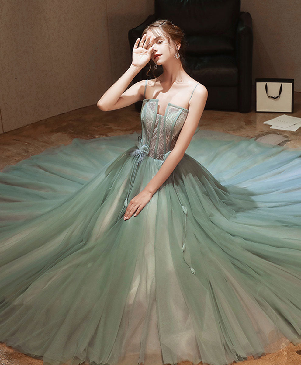 Ball Gown Sweetheart Neck Floor-Length Mint Green Tulle Lace Prom Dress with Corset Bodice
