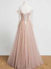 A-Line Off-the-Shoulder Floor-Length Blush Tulle Beaded Prom Dress with Soft Tulle Sleeves