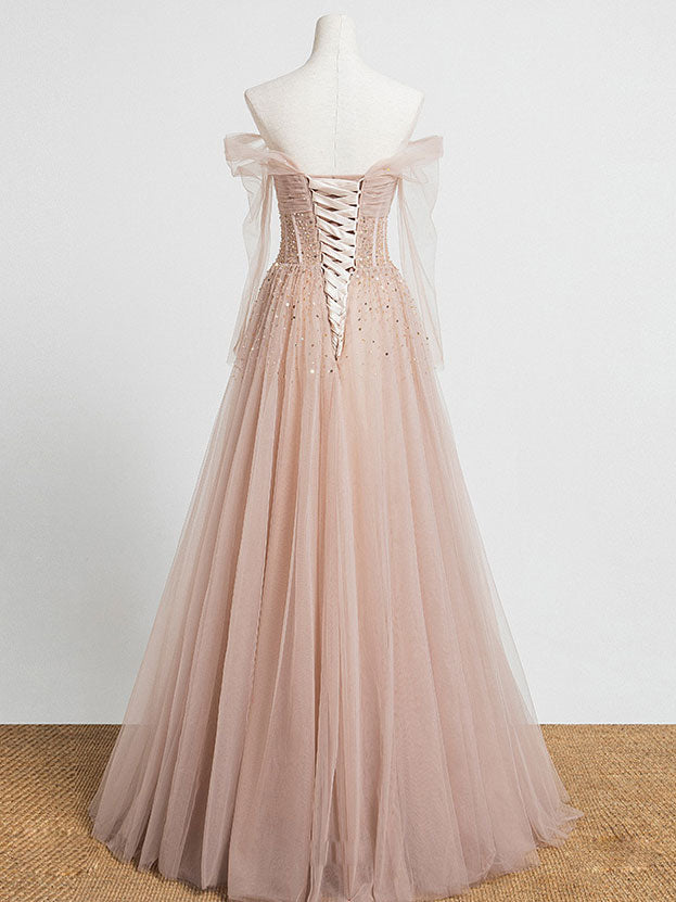 A-Line Off-the-Shoulder Floor-Length Blush Tulle Beaded Prom Dress with Soft Tulle Sleeves
