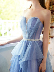 A-Line Sweetheart Neck Floor-Length Blue Tulle Layered Prom Dress with Glitter Finish