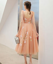 A-Line V-Neck Tea-Length Tulle Floral Appliqué Homecoming Dress