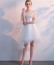 A-Line Off-the-Shoulder High-Low Ivory Tulle Homecoming Dress with Beaded Lace Cape Sleeves