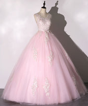Ball Gown Blush Pink V-Neck Floor-Length Tulle Prom Dress with Lace Appliqué and Soft Glitter Accents
