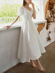 A-Line Sweetheart Tea-Length Ivory Satin Prom Dress with Short Puff Sleeves