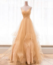 A-Line Champagne V-Neck Floor-Length Tulle Prom Dress with Layered Ruffle Skirt
