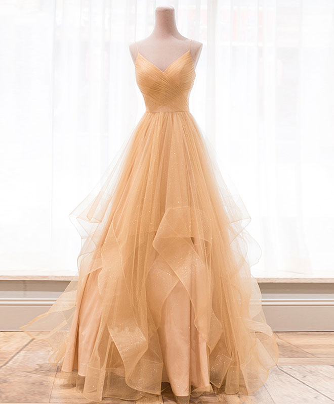 A-Line Champagne V-Neck Floor-Length Tulle Prom Dress with Layered Ruffle Skirt