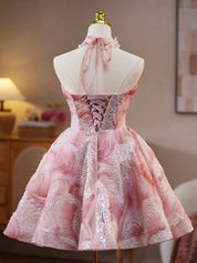 A-Line Straight Neckline Knee-Length Pink Tulle & Lace Floral Homecoming Dress