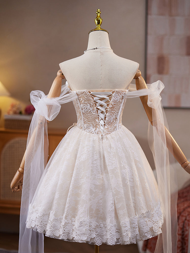 Ivory A-Line Off-the-Shoulder Knee-Length Tulle Homecoming Dress with 3D Floral Appliqué