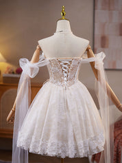 Ivory A-Line Off-the-Shoulder Knee-Length Tulle Homecoming Dress with 3D Floral Appliqué