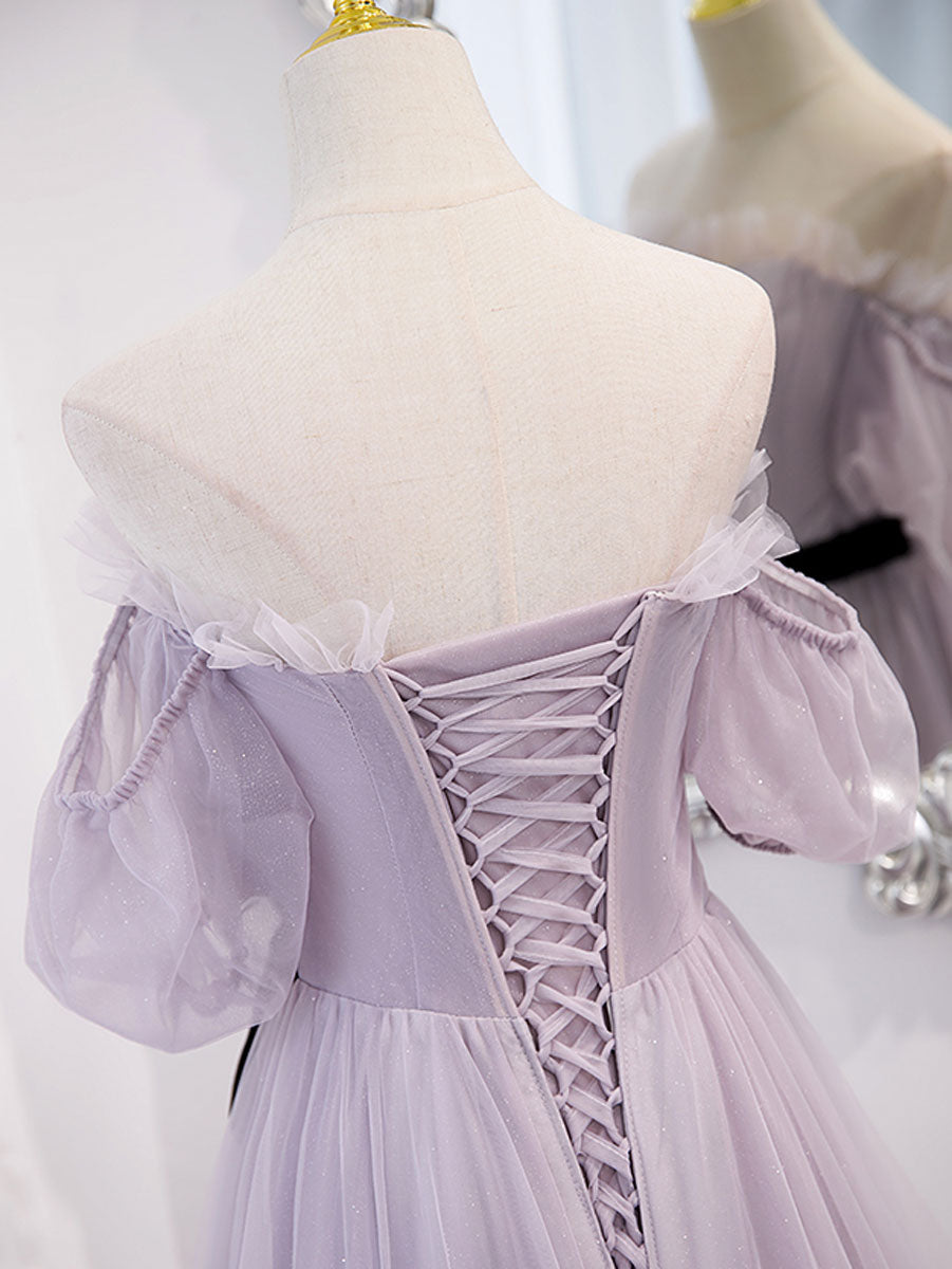 A-Line Lavender Sweetheart Floor-Length Tulle Prom Dress with Puff Sleeves and Ribbon Sash