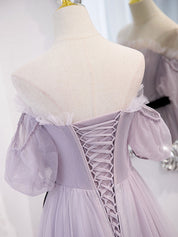 A-Line Lavender Sweetheart Floor-Length Tulle Prom Dress with Puff Sleeves and Ribbon Sash