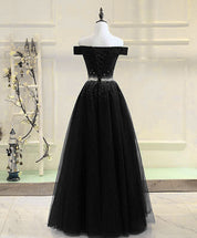 A-Line Off-the-Shoulder Floor-Length Black Tulle Beaded Prom Dress