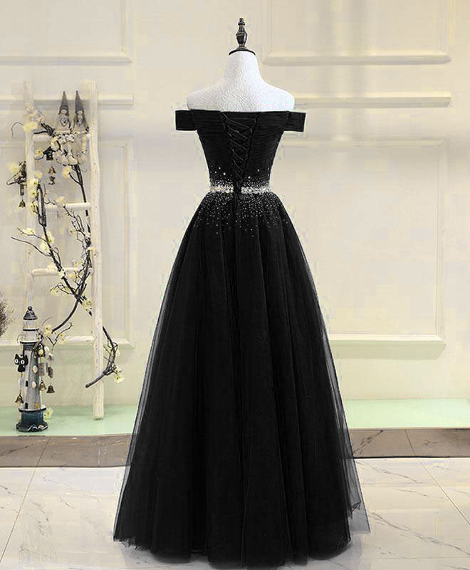 A-Line Off-the-Shoulder Floor-Length Black Tulle Beaded Prom Dress