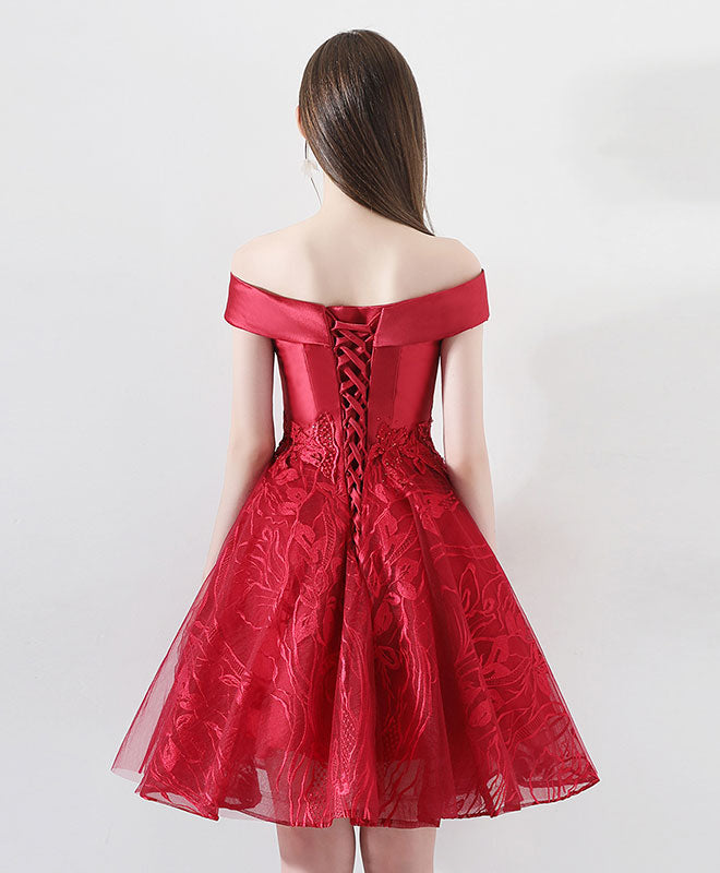 A-Line Off-the-Shoulder Knee-Length Red Tulle Lace Homecoming Dress