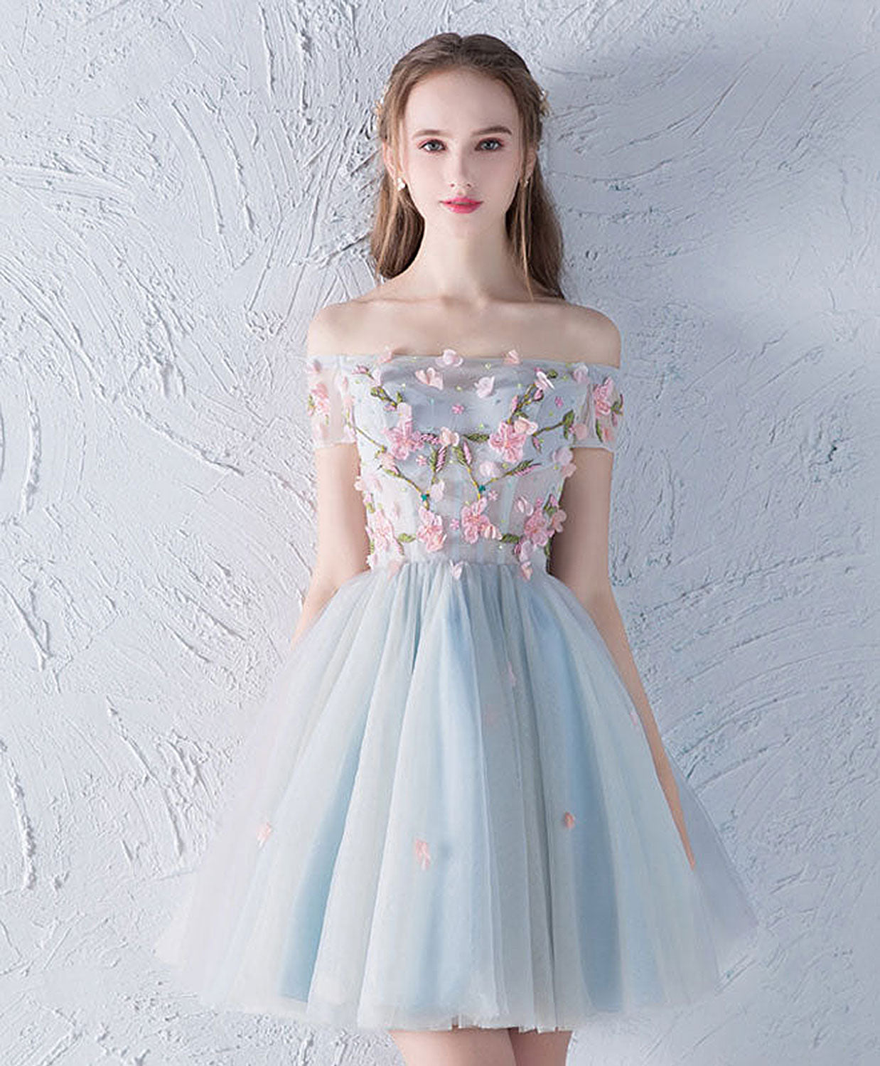Off-the-Shoulder Floral Embroidered Tulle Short Homecoming Dress with Bow Detail