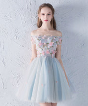Off-the-Shoulder Floral Embroidered Tulle Short Homecoming Dress with Bow Detail