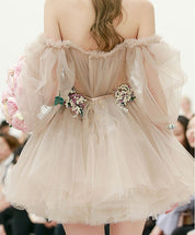 A-Line Off-the-Shoulder Short Tulle Floral-Trim Homecoming Dress