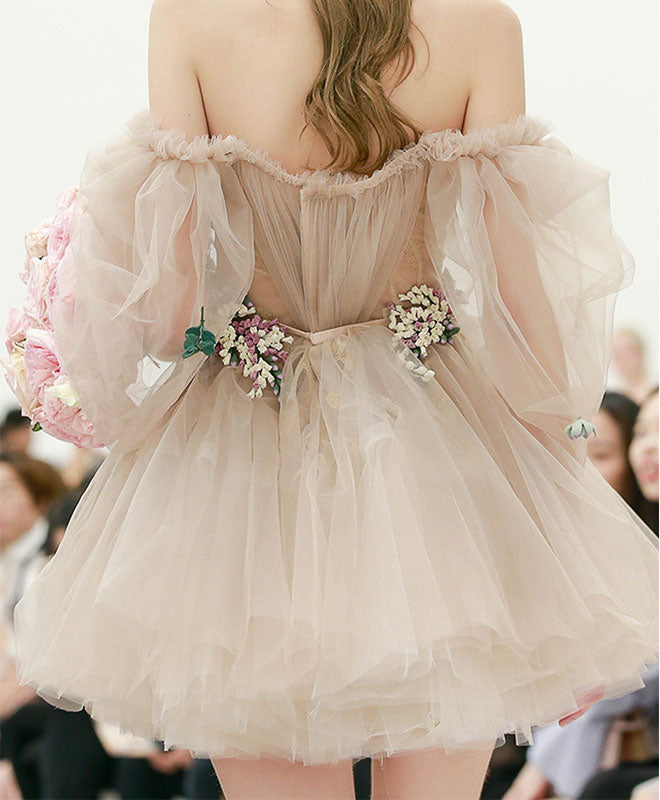 A-Line Off-the-Shoulder Short Tulle Floral-Trim Homecoming Dress