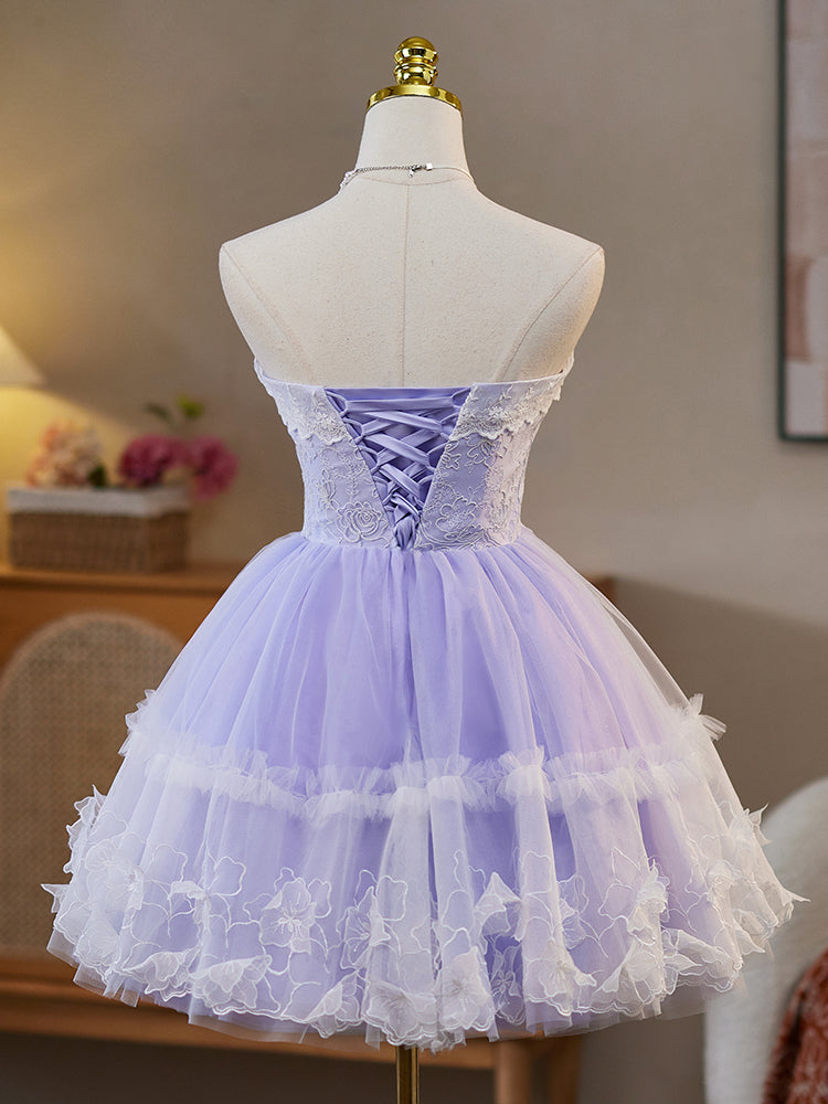 A-Line Lavender Sweetheart Knee-Length Tulle Lace Homecoming Dress with Tiered Ruffle Skirt