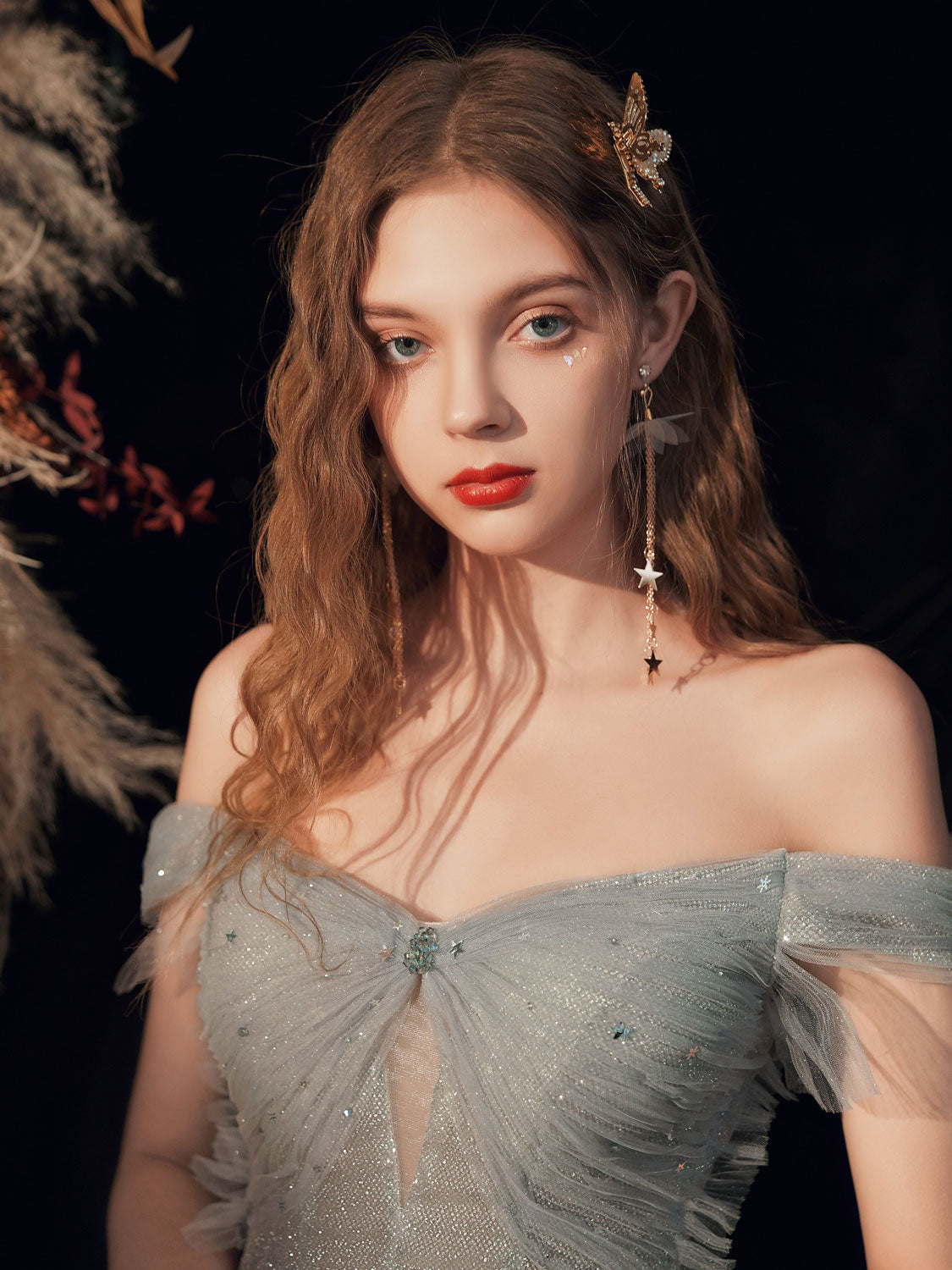 A-Line Off-the-Shoulder Floor-Length Sage Tulle Sequin Prom Dress with Beaded Bodice