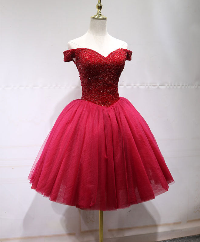 A-Line Off-the-Shoulder Sweetheart Knee-Length Tulle Beaded Homecoming Dress