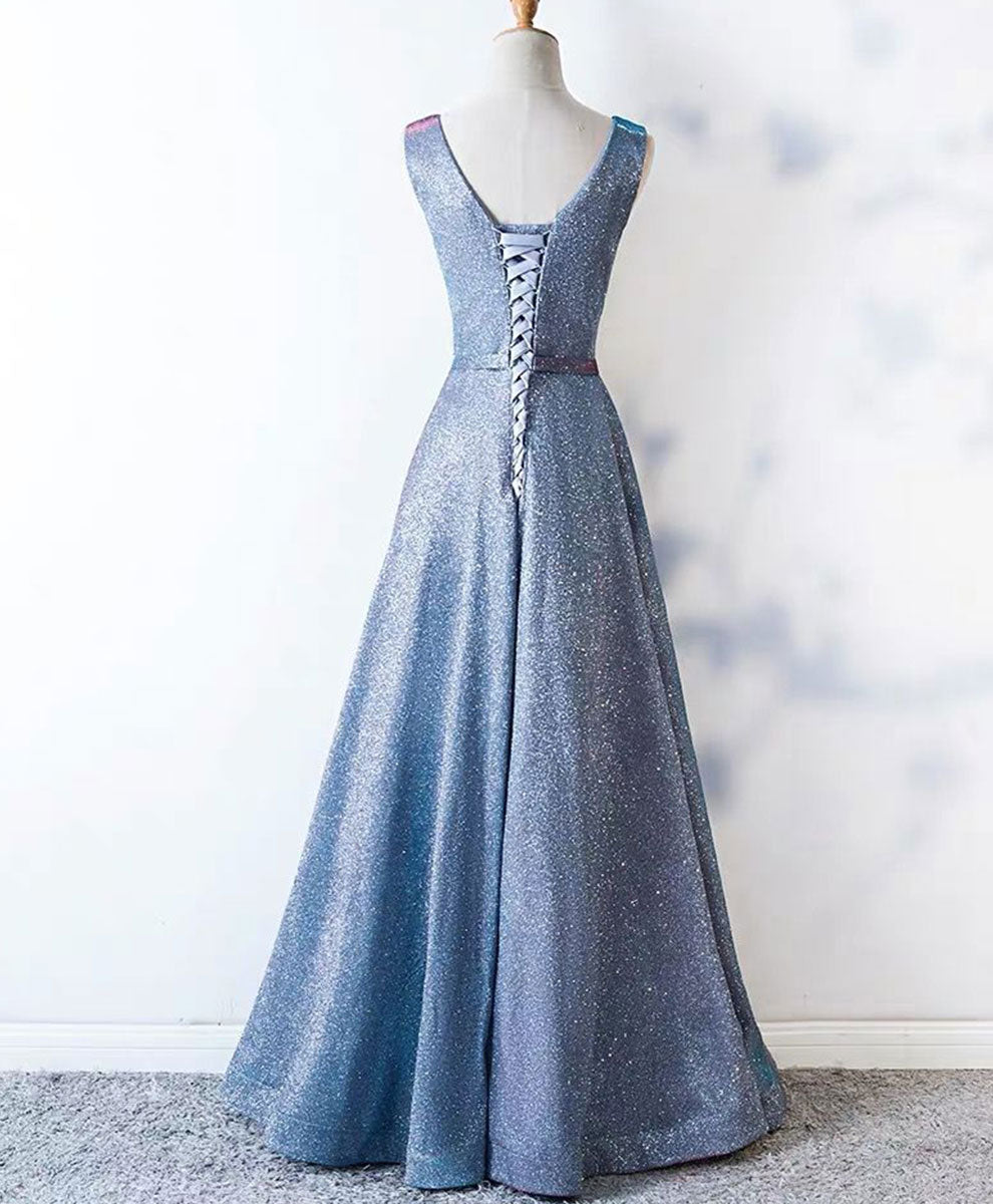 A-Line V-Neck Floor-Length Blue Iridescent Shimmer Prom Dress with Pleated Bodice
