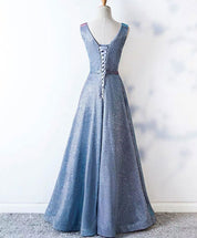A-Line V-Neck Floor-Length Blue Iridescent Shimmer Prom Dress with Pleated Bodice