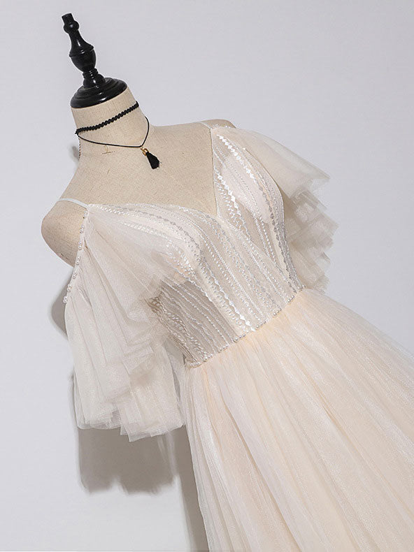 A-Line V-Neck Floor-Length Champagne Tulle & Lace Prom Dress with Sequin Bodice and Flutter Sleeves