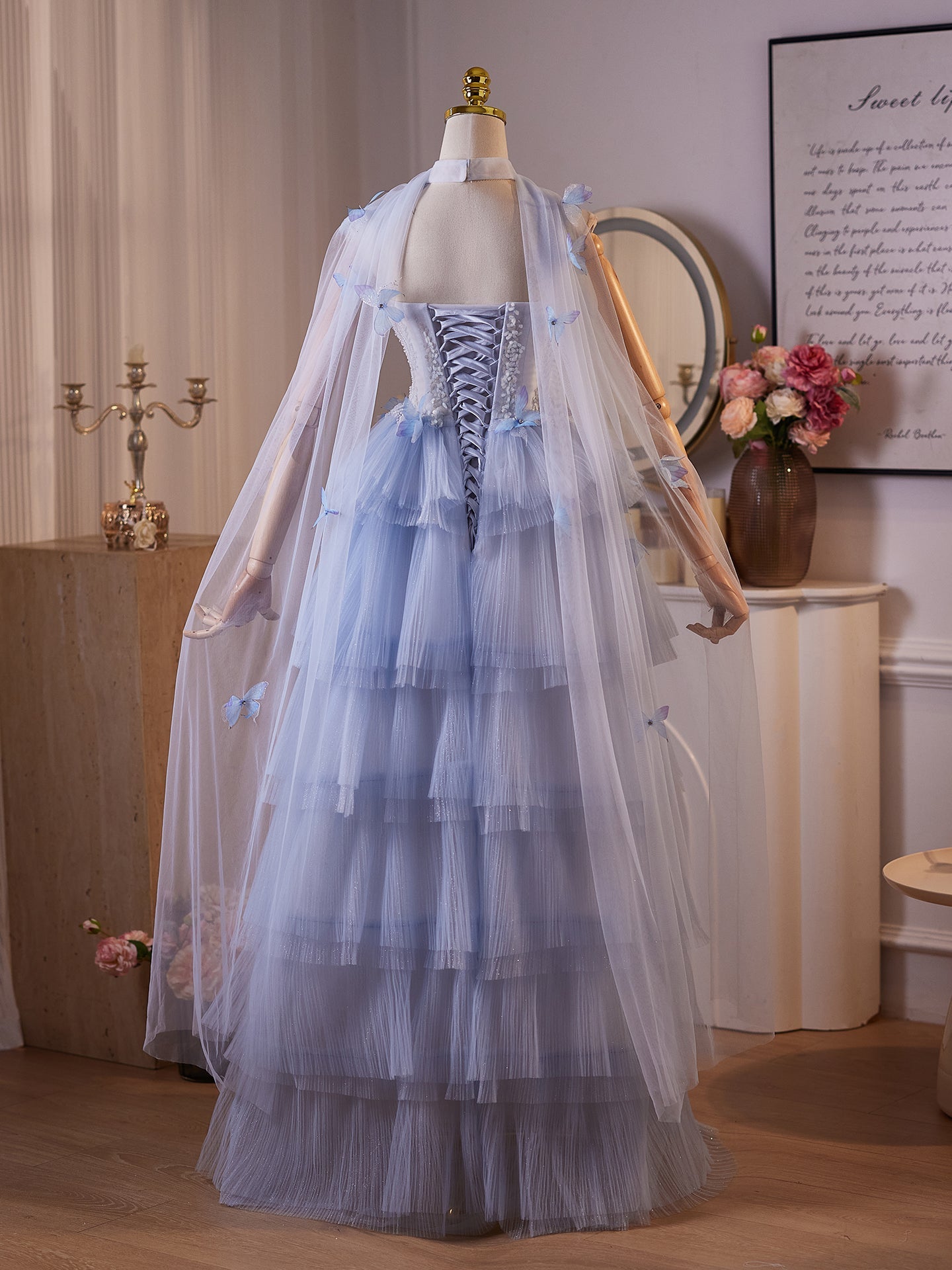 A-Line Tulle Flower Blue Long Prom Dress with Lace-Up Back