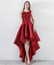 A-Line Sleeveless Scoop Neck High-Low Red Satin Homecoming Dress with Lace Bodice